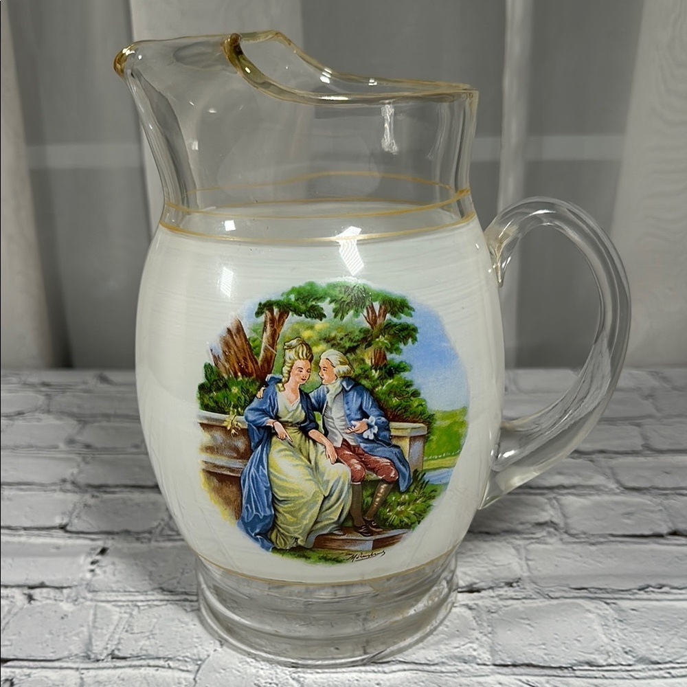 Vintage Glass Pitcher with Romantic Courting Scene George and Martha Victorian